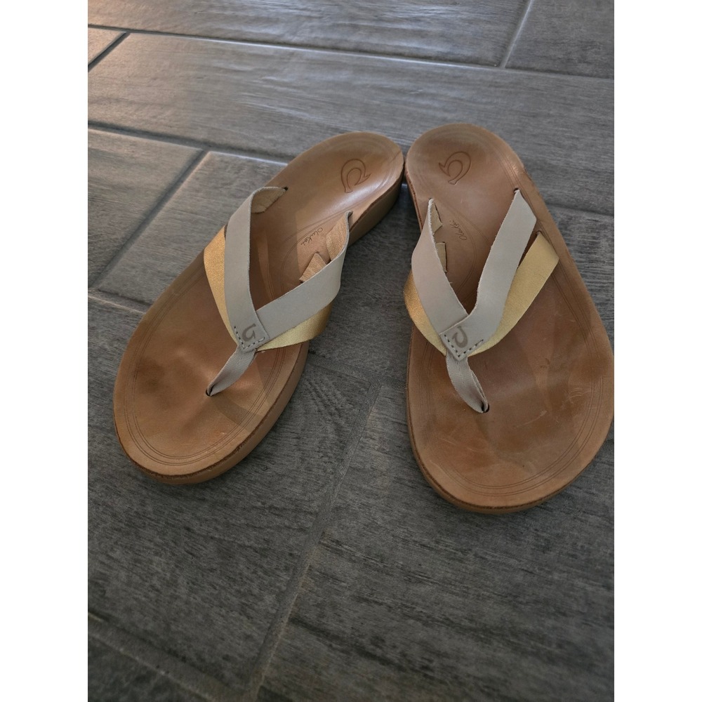 OluKai Kaekae Gold Cream Leather Multi-Strap Thong Sandals Womens 9